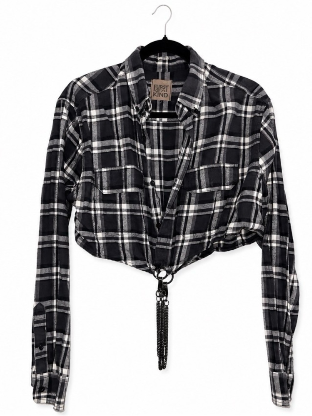 Furst of a Kind Cropped Plaid Chain Detail Shirt